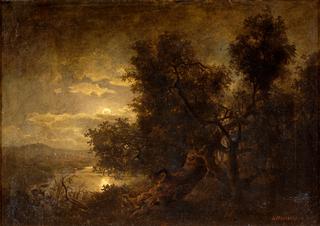 River Landscape by Moonlight