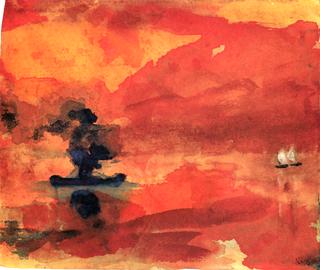 Red Sea with Steamship and Two Small Sailboats
