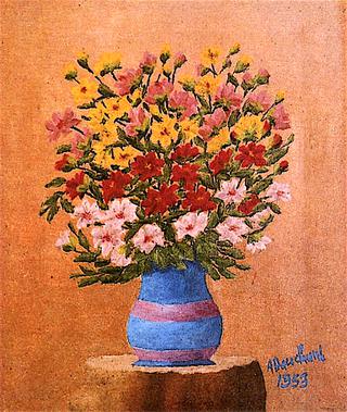 Bouquet of Flowers in a Blue Vase with Pink Strips