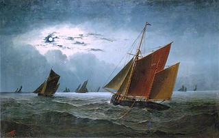Seascape, Fishing Boats by Moonlight
