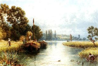 Loading the Hay Barges, with a Young Woman Taking Water from the River in the Foreground