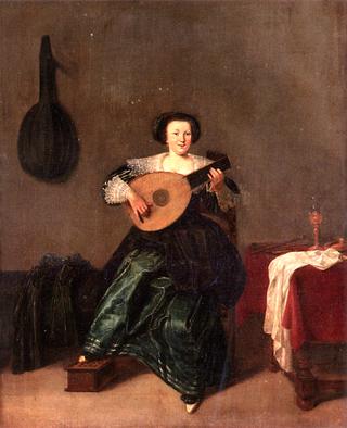 An Elegant Lady in a Green Dress Playing a Lute in an Interior