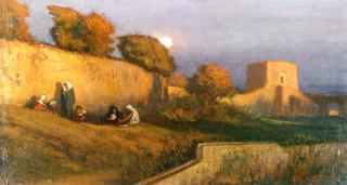 Figures by a Wall in Moonlight