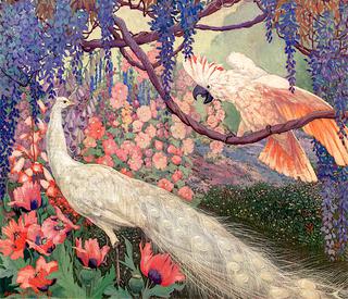 Peacock and Cockatoo in a Garden Landscape