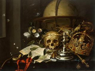 Vanitas Still Life with Flowers, Watch, Burned-out Candle, Jeweled Crown, Soap Bubbles, and Skull