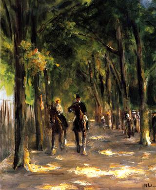 Tree-Lined Avenue with Two Horseback Riders