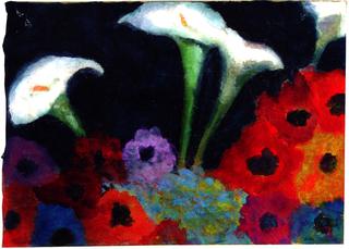 Calla Lilies, Zinias and Anemones
