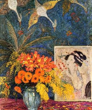 Still Life: Vase of Flowers and Engraving of a Japanese Wood