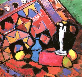 Still Life with Pitcher and Sculpture on a Tablecloth