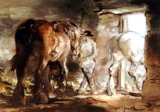 Horses Leaving a Stable