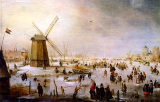 Winter Scene on a Frozen Canal