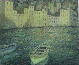 Houses by the Port in a full moon