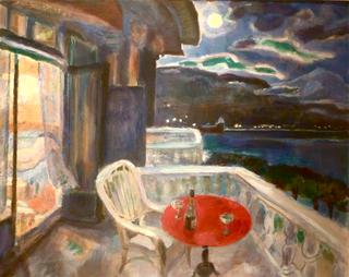 Moonlit night. View of Montreux and the Chilloi Castle