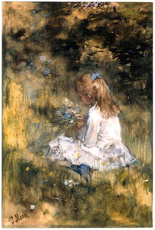 小女孩（艺术家的女儿）在草地上采花