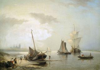Sailboats off the Dutch coast in morning light.