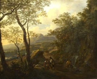 A Rocky Italian Landscape with Herdsmen and Muleteers