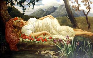 Portrait of a classical beauty on a bed of roses before a pond