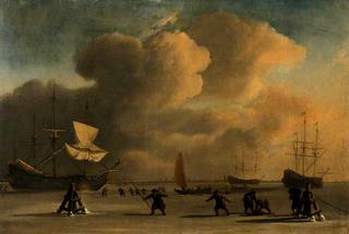 A Frozen Waterway with Three Ice-Bound Ships