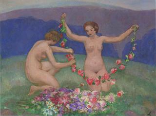 Two young girls with garlands