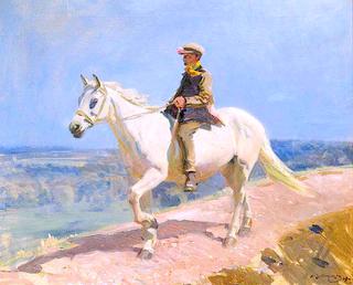'Shrimp' on a White Welsh Pony