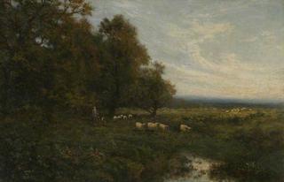 Landscape with Sheep and a Shepherd by a Stream
