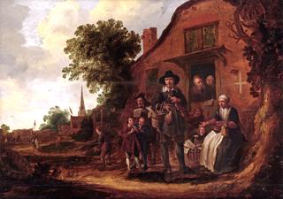 A Music Merchant Surrounded by a Group os Villagers in front of a Farm House