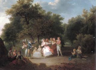 Elegant Company Playing Blind Man's Buff in a Wooded Landscape