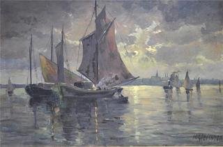 Bay with Boats in Moonlight