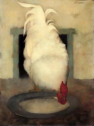 Wyandotte cockerel with pewter plate