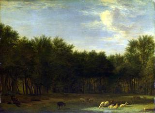 The Edge of a Wood, with a Sleeping Shepherd, Sheep and Goats