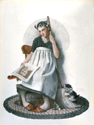 Girl with Broom and Kitten