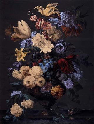 An urn containing tulips, crown imperial, lilac, roses, a lily and narcissusan