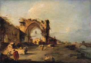 Capriccio:  View of a Gothic Monument and Bridge