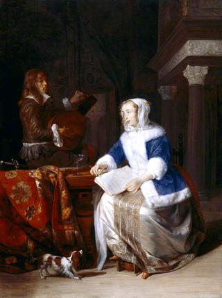A Woman with a Score and a Man Tuning a Lute