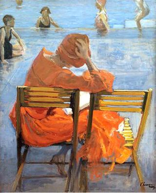 Girl in red dress by a swimming pool