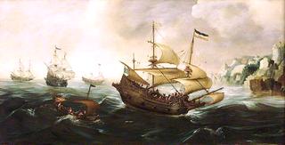 荷兰船只驶离岩石海岸