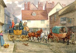 The London to York Stagecoach on a Cobbled Street