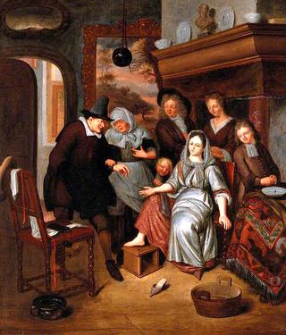 A Surgeon Preparing to Let Blood from the Foot of a Girl, in the Presence of Five Other Figures