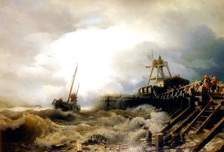 A Fishing Boat Caught in a Squall off a Jetty