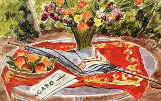 Table with Vase of Flowers, Peaches,