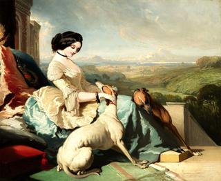 A Lady Sitting with two Greyhounds