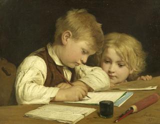 Writing Boy with Little Sister