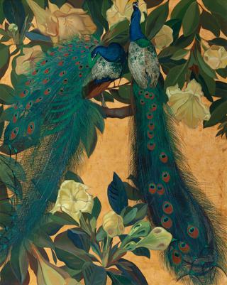 Blue Peacocks on a Golden Background