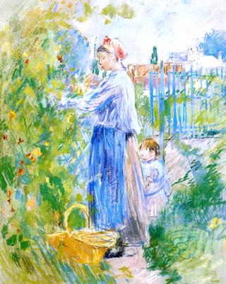 Mother and Child Picking Nasturtiums