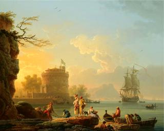 A Mediterranean Harbor Scene at Sunset with Fishermen