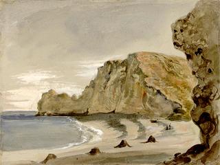 View of the beach and cliffs of Etretat