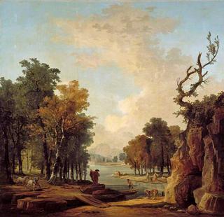 Wooded River Landscape with a Traveller, a Barking Dog, a Horseman and Women Washing at an Islet