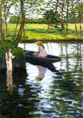 Summer Landscape with Girl and Boat