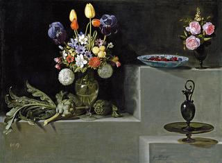 Still Life with Flowers, Artichokes and Glassware (Bodegón con alcachofas, flores y recipientes de vidrio)