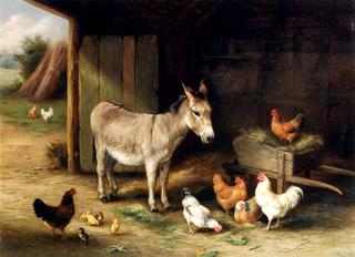 Donkey, Hens and Chickens in a Barn